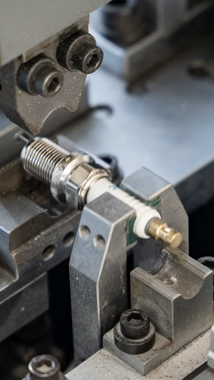Spark plug component machining close-up